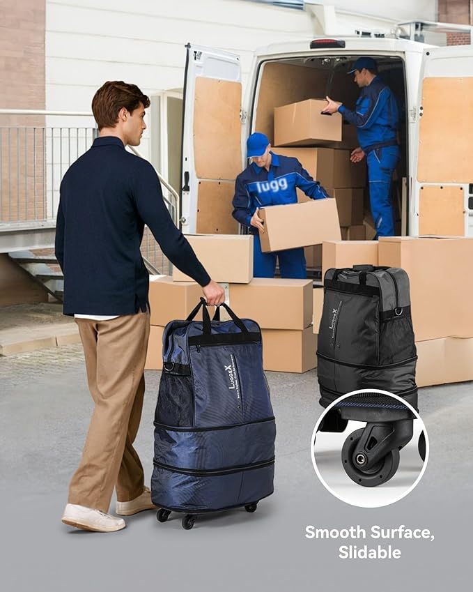 LUGGEX Suitcases with Wheels, Expandable Collapsible Luggage Rolling Travel Duffle Bag without Telescopic Handle, Foldable Large Weekender Bag for Men Women, Blue