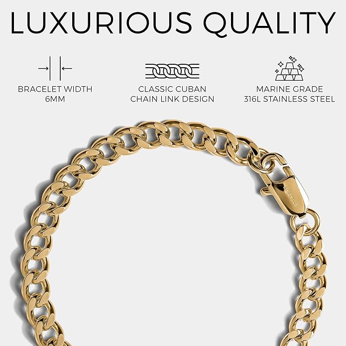 Elegatto Cuban Chain Premium 18K Gold Plated Bracelet for Men| Polished Gold-Plated Stainless Steel Cuban Link Chain | Men's Designer Jewelry Bracelets