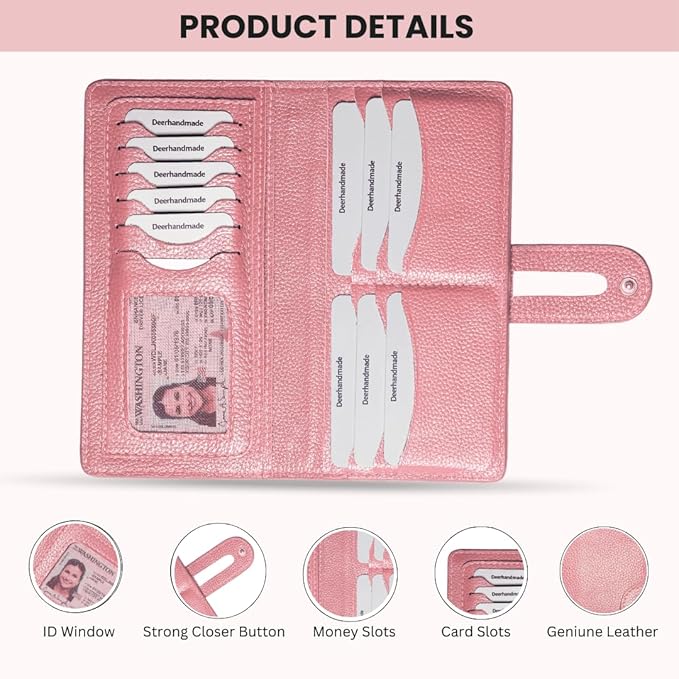 womens wallet (Holds 15-18 Cards, 4 Flat Pockets, 1 ID Windows) Genuine Leather clutch purses for women | Slim long wallets for women | rfid blocking wallet (pink wallets)