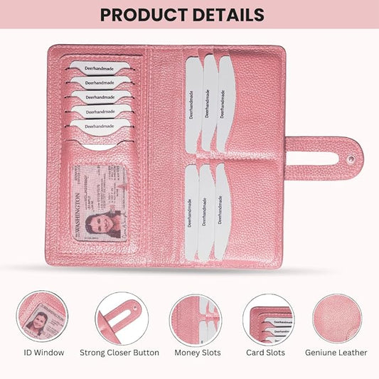womens wallet (Holds 15-18 Cards, 4 Flat Pockets, 1 ID Windows) Genuine Leather clutch purses for women | Slim long wallets for women | rfid blocking wallet (pink wallets)