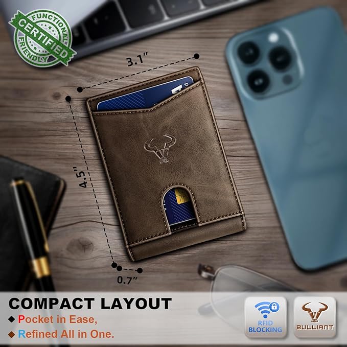 BULLIANT Men Wallet, Slim Leather Wallet Front Pocket Card Holder Gift For Men 11 Slots RFID Blocking
