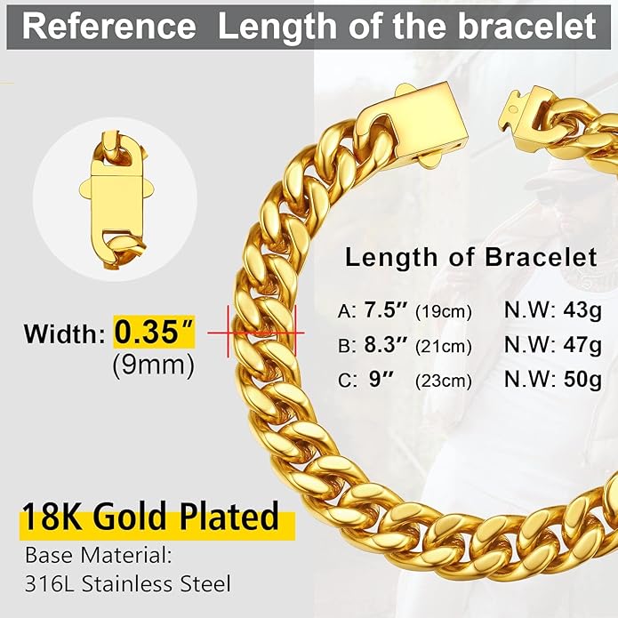 Stainless Steel Bracelets for Men,Cuban Link Mens Bracelet Silver/Black/Gold Plated Classic Chain Wrist Bracelets Jewelry Gifts for Dad Husband 5/7/9/12MM Width,7.5"/8.3"/9" Length with Gift Box