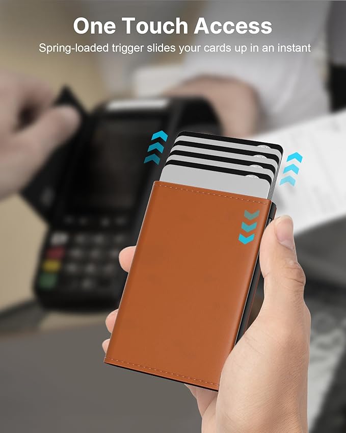 typecase Mens Wallet Card Holder: Pop Up Aluminum Case, Premium Genuine Leather, Smart, RFID Blocking, Slim, Minimalist, Front Pocket - 9-14 Card Capacity | ID Window | Cash Slot - Jet Brown