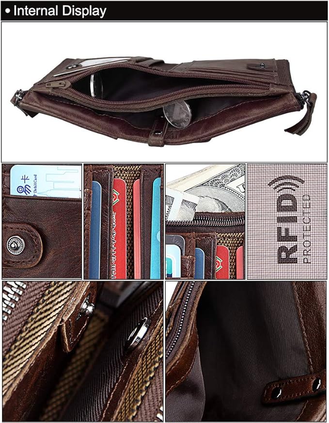 shuainiu Men's Folding Double Zip Wallet RFID Blocks Retro Short Coin Purse