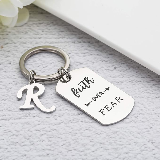 Inspirational Faith Over Fear Initial Keychain Gift