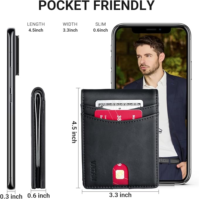 VATAN Wallet for Men, Mens Minimalist Wallet Credit Card Holder, Slim Leather Rfid 2 ID Window Large Capacity With Gift Box (Crazy Horse Black)