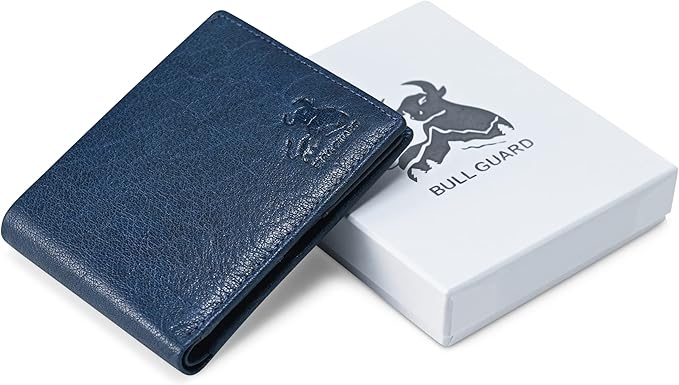 BULL GUARD Mens RFID Blocking Bifold Wallet Soft Genuine Leather Brown Western | Secure and Durable Extra Capacity Billfold in Buffalo Blue Leather