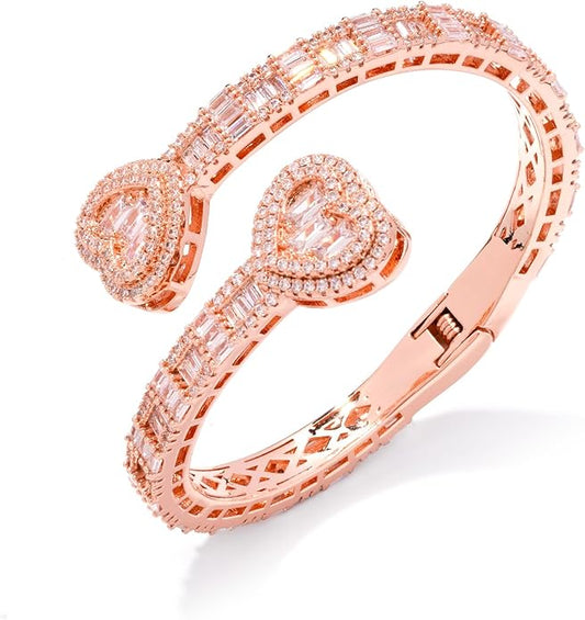 Lulu Mel Iced Out Baguette Diamond Bracelet Jewelry for Women, Hip Hop Mens 14k Gold Silver Plated Cubic Zirconia Bangle Bracelet, Men Heart Cuff Bracelet With Jewelry Box