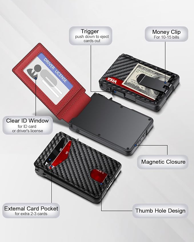 Wallet for Men, Mens Minimalist Wallet 9-13 Cards, Slim Compact Wallet with Money Clip & ID Window, RFID Blocking Smart Pop Up Card Wallet, Metal Aluminum Credit Card Holder Bifold Wallet