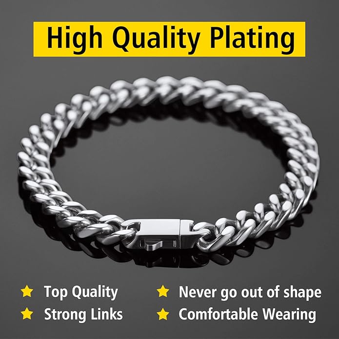 Stainless Steel Bracelets for Men,Cuban Link Mens Bracelet Silver/Black/Gold Plated Classic Chain Wrist Bracelets Jewelry Gifts for Dad Husband 5/7/9/12MM Width,7.5"/8.3"/9" Length with Gift Box