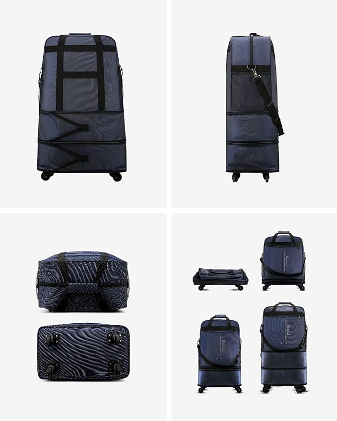 LUGGEX Suitcases with Wheels, Expandable Collapsible Luggage Rolling Travel Duffle Bag without Telescopic Handle, Foldable Large Weekender Bag for Men Women, Blue