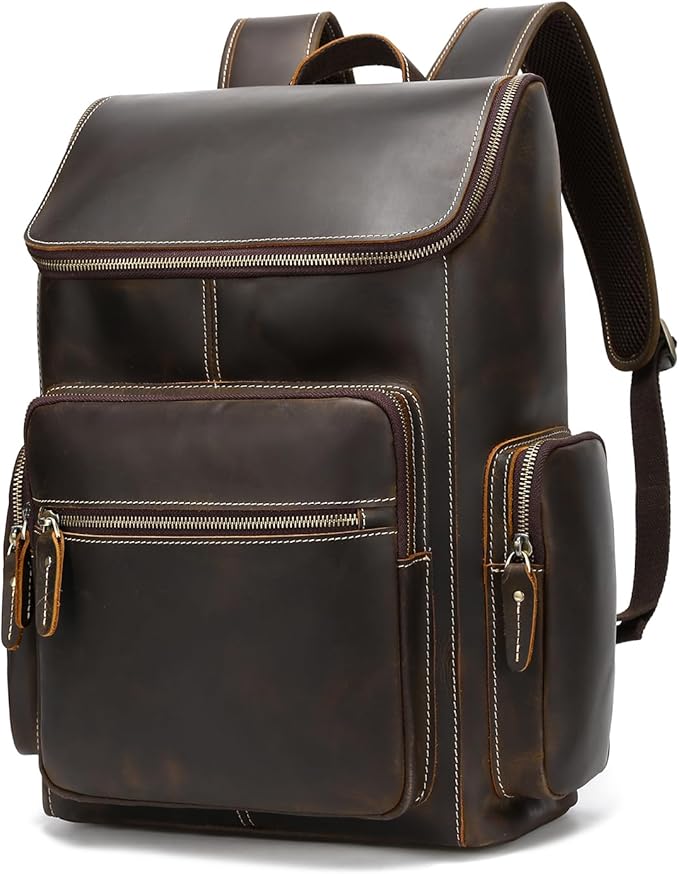 Mens Full Grain Genuine Leather Backpack, Vintage Rucksack Bag Fit 15.6" Laptop, Business Hiking Travel Overnight Shoulder Daypacks - Brown