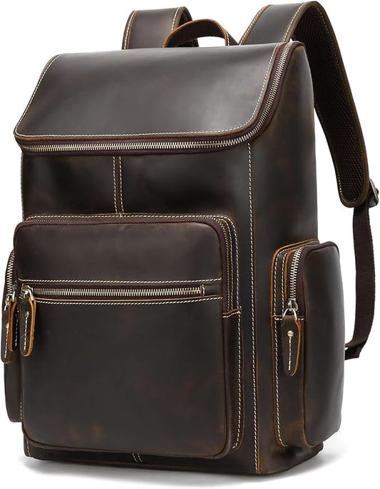 Mens Full Grain Genuine Leather Backpack, Vintage Rucksack Bag Fit 15.6" Laptop, Business Hiking Travel Overnight Shoulder Daypacks - Brown