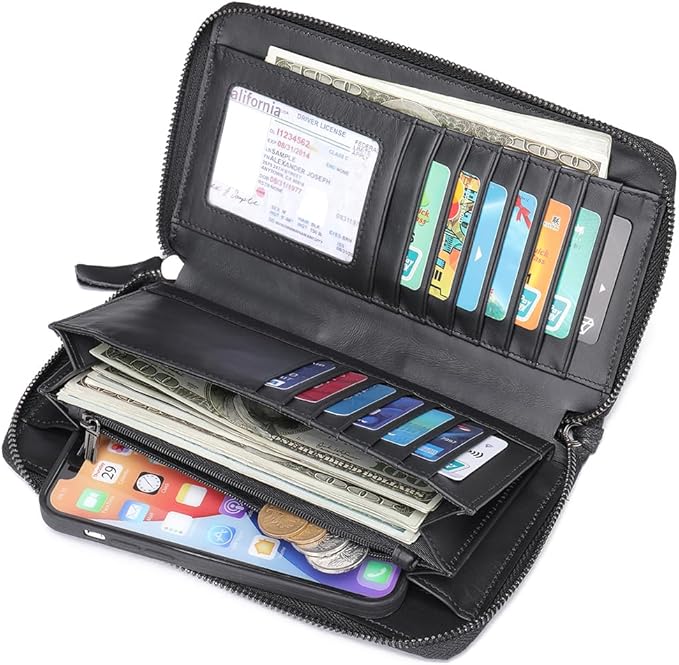 LUKZIJAES Long Wallets for Men Genuine Leather Casual Business Man Wallet with Zipper Large Capacity Phone Handbag Mens Clutch Purse (#5-Black) (#5-Black)
