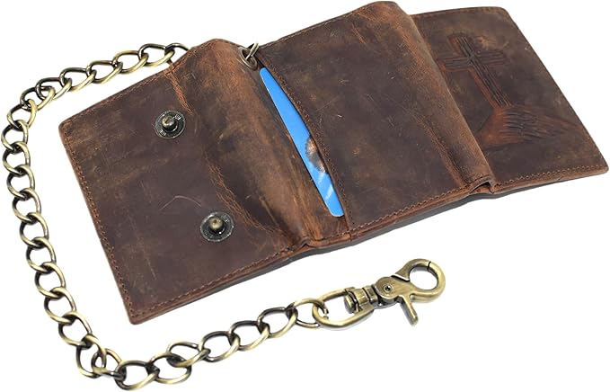 Men's RFID Blocking Trifold Vintage Leather Biker Chain Wallet With Snap Closure