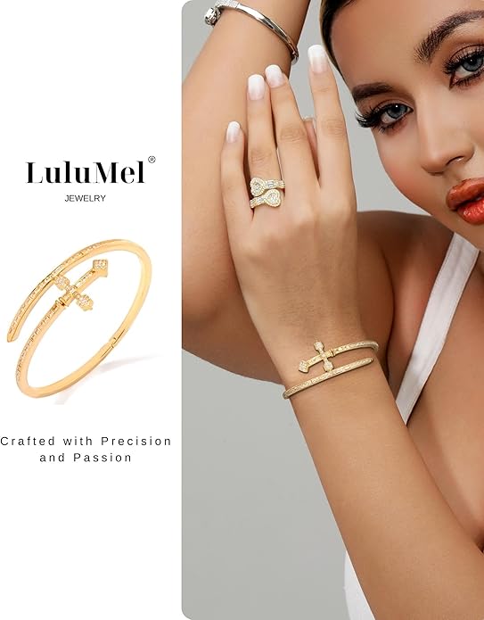 Lulu Mel Iced Out Baguette Diamond Bracelet Jewelry for Women, Hip Hop Mens 14k Gold Silver Plated Cubic Zirconia Bangle Bracelet, Men Heart Cuff Bracelet With Jewelry Box