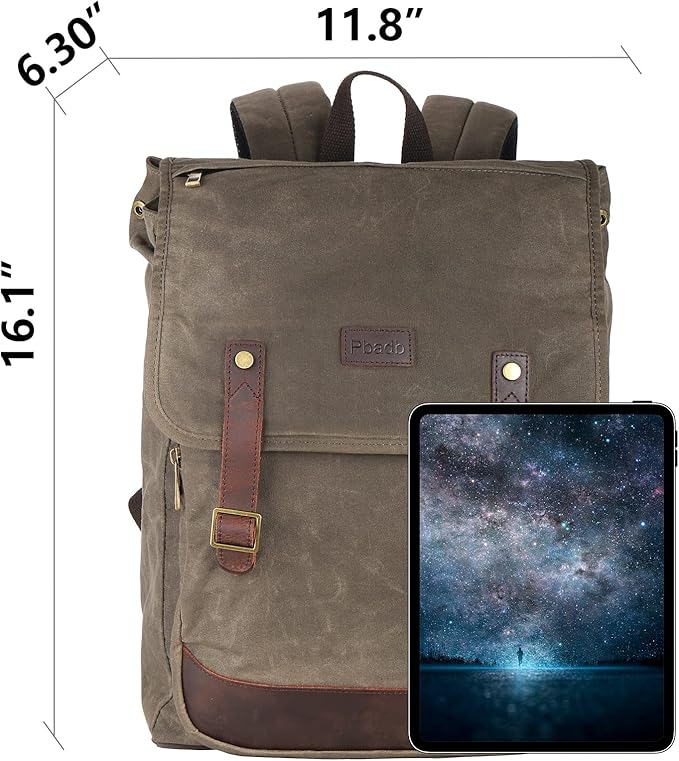 Waterproof Waxed Canvas Backpack for Men Travel Rucksack Leather Trimming (Green)