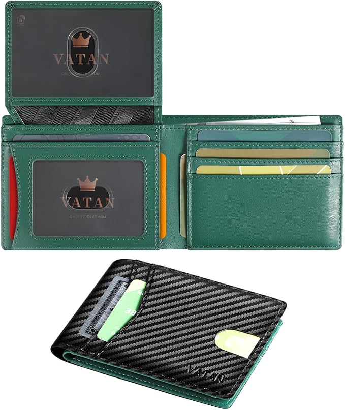 VATAN Wallet for Men, Mens Minimalist Wallet Credit Card Holder, Slim Leather Rfid 2 ID Window Large Capacity With Gift Box (Carbon black and Green)