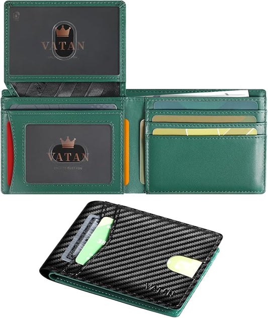 VATAN Wallet for Men, Mens Minimalist Wallet Credit Card Holder, Slim Leather Rfid 2 ID Window Large Capacity With Gift Box (Carbon black and Green)