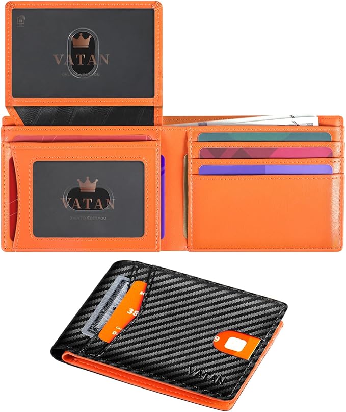 VATAN Wallet for Men, Mens Minimalist Wallet Credit Card Holder, Slim Leather Rfid 2 ID Window Large Capacity With Gift Box (Carbon Black and Orange)