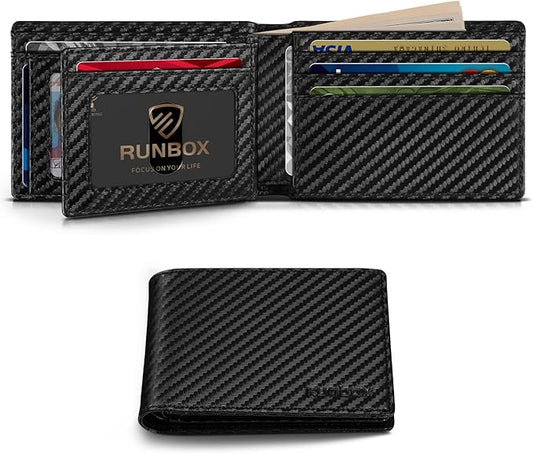 RUNBOX Wallet for Men Bifold RFID Blocking Wallets with 2 ID Window 14 Card Holders 1 cash pocket 1 Gift Box