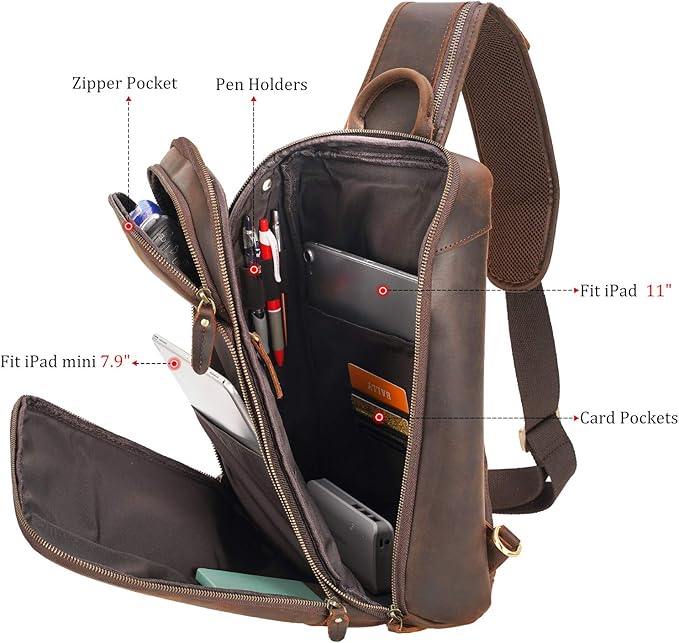 Polare Modern Style Sling Shoulder Bag Men’s Travel/Hiking Daypack with Full Grain Italian Leather and YKK Zippers