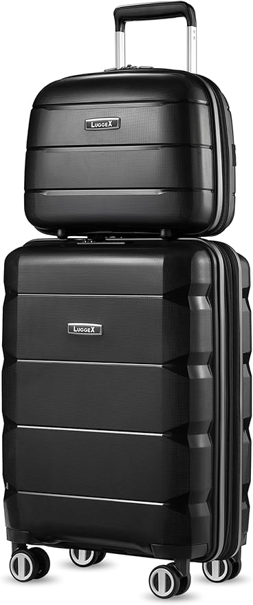 LUGGEX Carry on Luggage with Spinner Wheels, Lightweight Suitcase 2 Piece, Expandable (Black, 14/20)