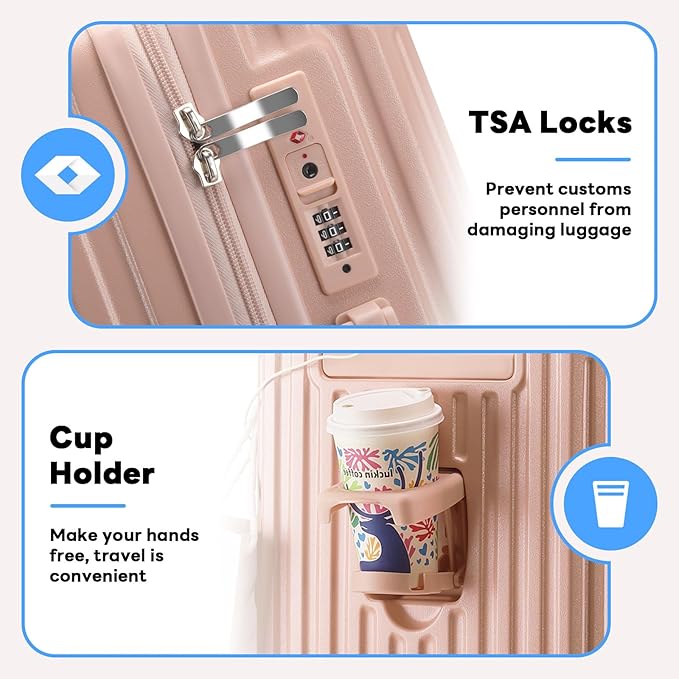 (14+20+24)Inch Carry on Luggage Carry-on with Cup Holder & USB Port, Luggage with Airline Approved TSA Lock, Softside Lightweight carry on luggage 22x14x9 airline approved 360° Double Spinner 8 Wheels