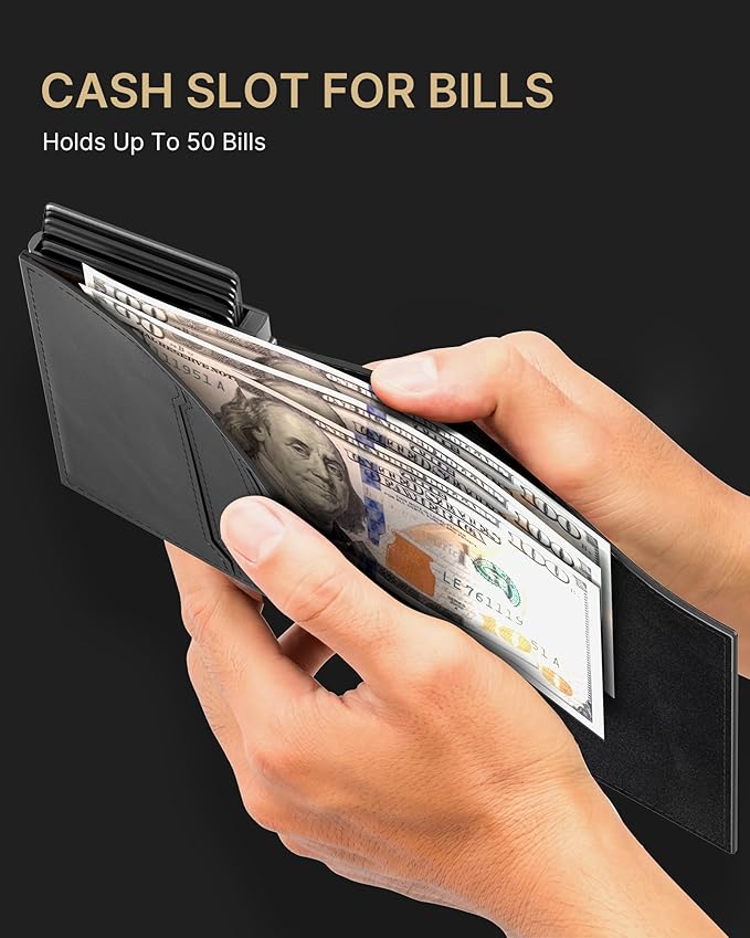 typecase Mens Wallet Card Holder: Pop Up Aluminum Case, Carbon Fiber Leather, Smart, RFID Blocking, Slim, Minimalist, Front Pocket - 9-14 Card Capacity | ID Window | Cash Slot(Grey)