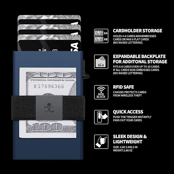 Slim Aluminum Card Holder Wallet for Men, Durable Expandable Backplate, RFID Blocking Minimalist Metal Pop Up Wallet, Holds 12+ Cards Plus Cash