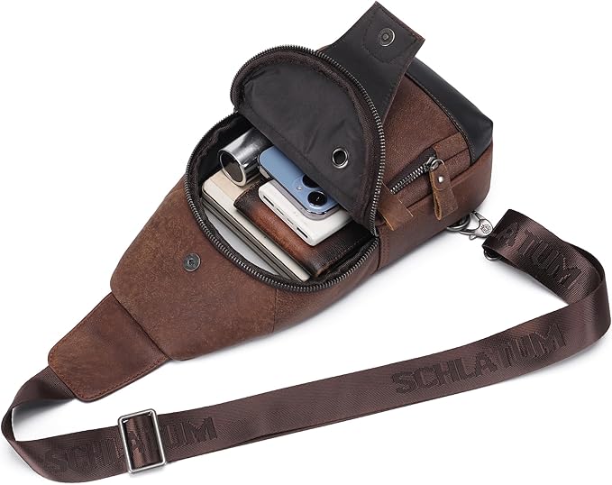 LUKZIJAES Genuine Leather Sling Bag for Men and Women Crossbody Shoulder Chest Pack Hiking Carry on Casual Daypack Outdoor Travel Backpack (#1-Coffee)
