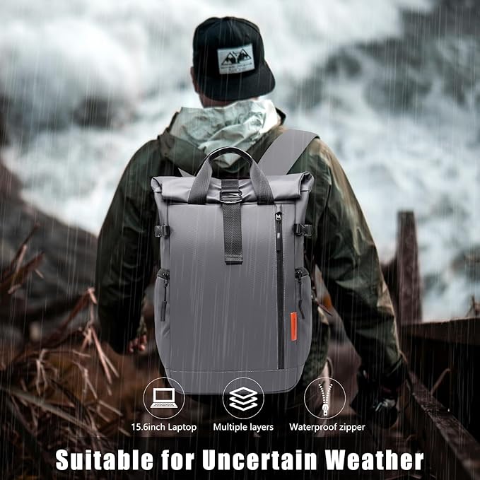 Roll Top Travel Backpack for Men and Women 15.6 Inch 20-25L Expandable Water-Resistant Commuter Casual Daypack Laptop Backpack for Work Business College