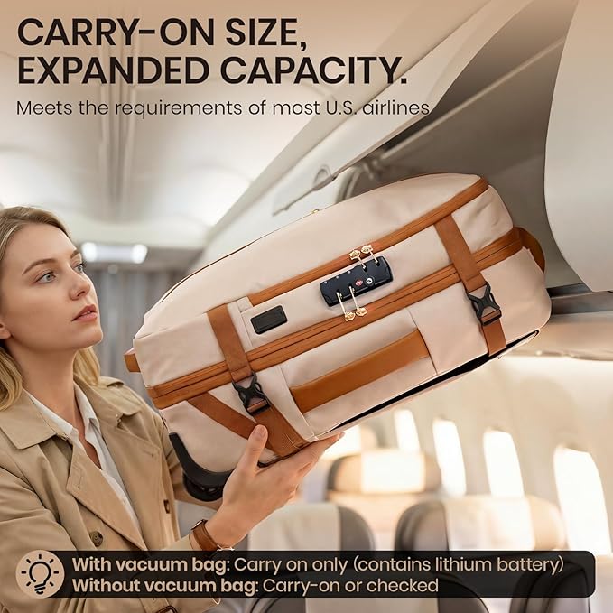 Fanwoli Rolling Vacuum Backpack Travel with One-Button Compression, Expandable Carry-On Suitcase Luggage, Approved TSA Lock & Water-Proof Laptop Compartment for Outdoor/Family/Business Trips