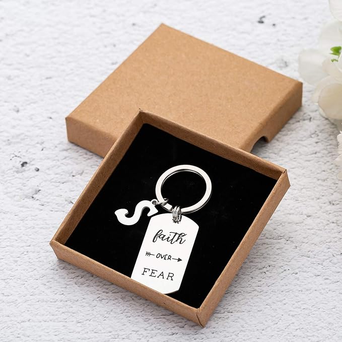 Inspirational Faith Over Fear Initial Keychain Gift
