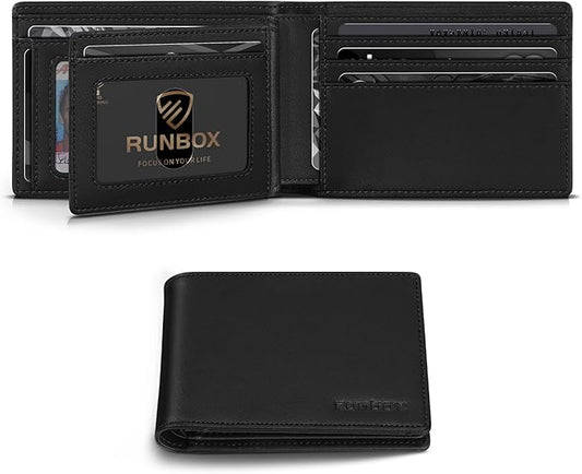 RUNBOX Wallet for Men Bifold RFID Blocking Wallets with 2 ID Window 14 Card Holders 1 cash pocket 1 Gift Box