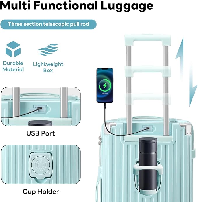 (14+20+24)Inch Carry on Luggage Carry-on with Cup Holder & USB Port, Luggage with Airline Approved TSA Lock, Softside Lightweight carry on luggage 22x14x9 airline approved 360° Double Spinner 8 Wheels