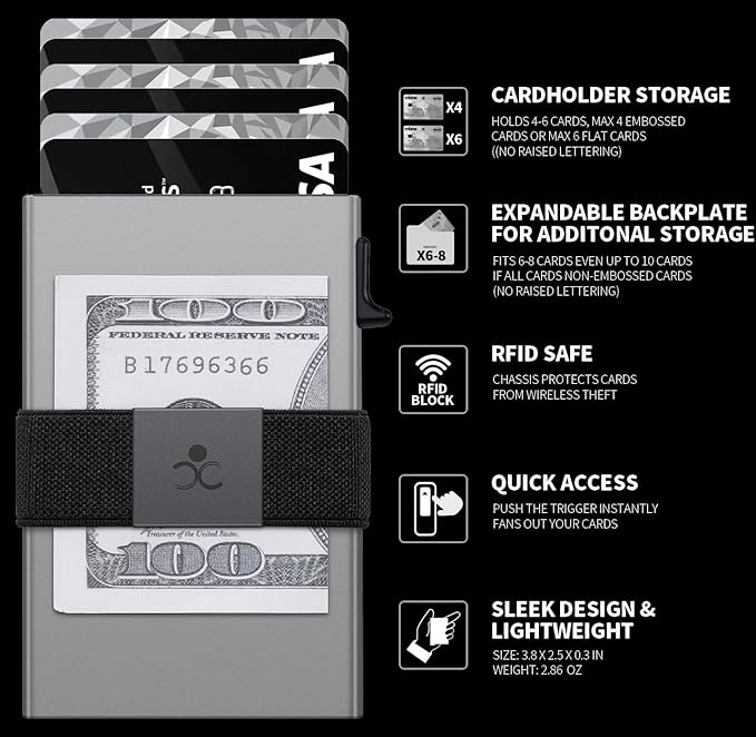 Slim Aluminum Card Holder Wallet for Men, Durable Expandable Backplate, RFID Blocking Minimalist Metal Pop Up Wallet, Holds 12 Cards Plus Cash (Grey)
