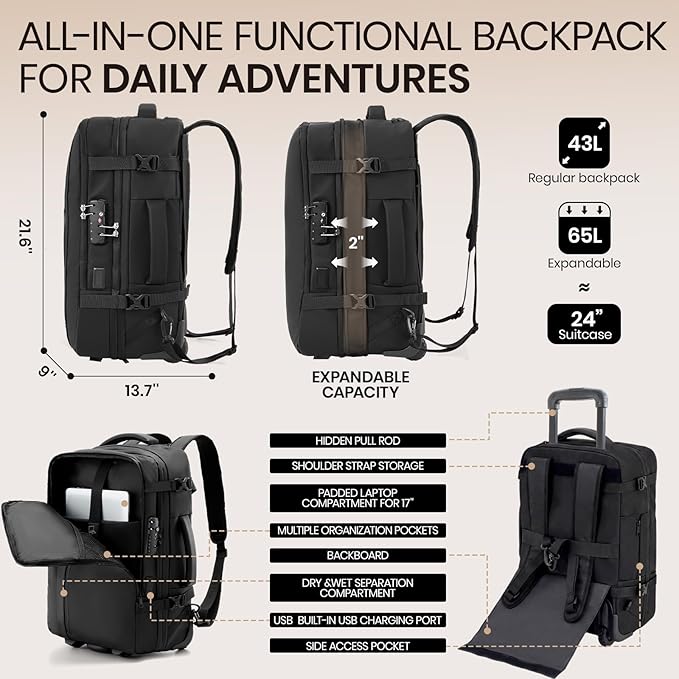 Fanwoli Rolling Vacuum Backpack Travel with One-Button Compression, Expandable Carry-On Suitcase Luggage, Approved TSA Lock & Water-Proof Laptop Compartment for Outdoor/Family/Business Trips