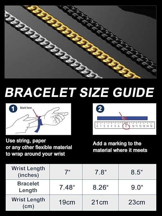 ChainsPro Cuban Link Bracelet for Mens, 6/10/14 mm, 19-21CM Length, 18K Gold Plated/316L Stainless Steel/Black-With Gift Box