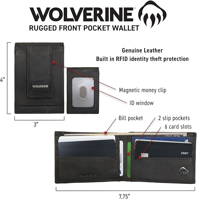 WOLVERINE Men's Slim Wallet | Card Case | Money Clip | RFID Protection | ID Window | Rugged | Leather | Canvas