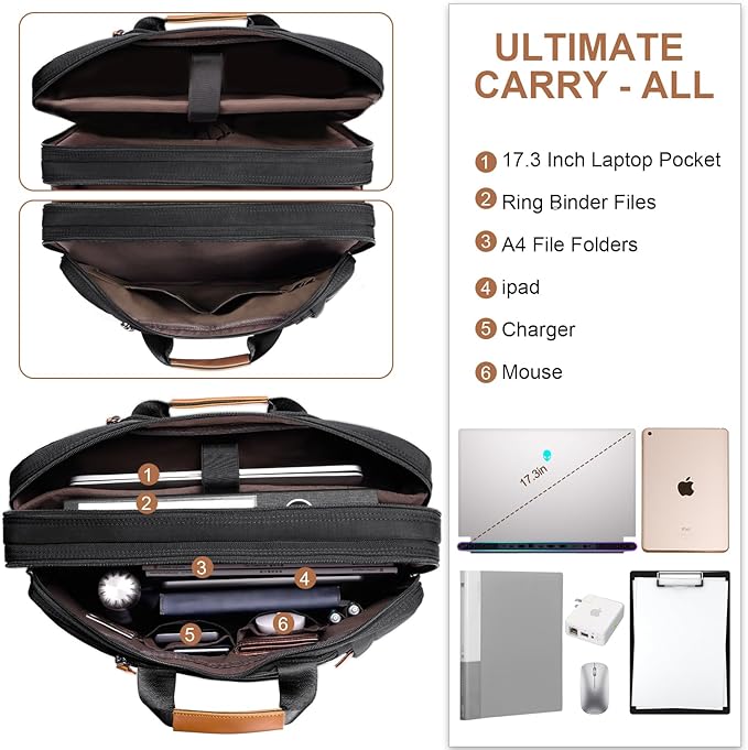 ESTARER 3 In 1 Laptop Bag for Men, 17-17.3 Inch Laptop Backpack Computer Satchel Bag for Work/Travel/Business, Convertible Briefcase Water resistant Nylon Messenger Backpack (Black)