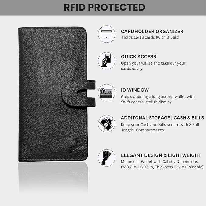 womens wallet (Holds 15-18 Cards, 4 Flat Pockets, 1 ID Windows) Genuine Leather clutch purses for women | Slim long wallets for women | rfid blocking wallet (black wallet)