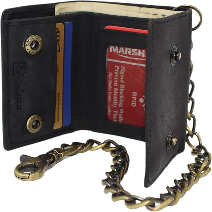 Men's RFID Blocking Trifold Vintage Leather Biker Chain Wallet With Snap Closure