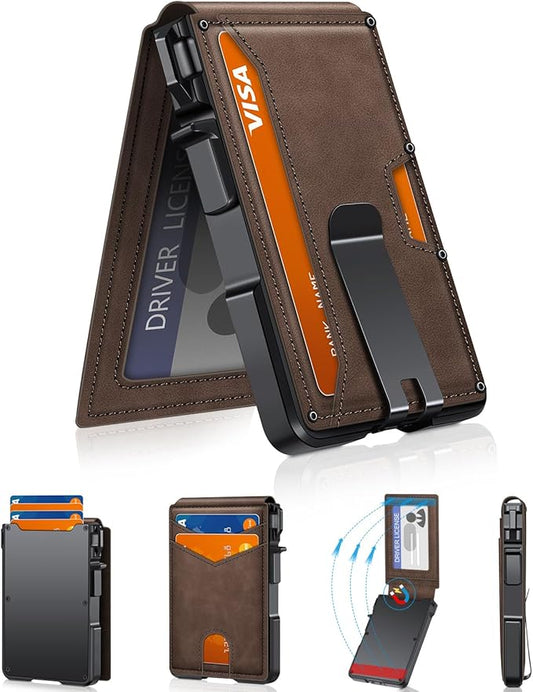Wallet for Men, Mens Minimalist Wallet 9-13 Cards, Slim Compact Wallet with Money Clip & ID Window, RFID Blocking Smart Pop Up Card Wallet, Metal Aluminum Credit Card Holder Bifold Wallet