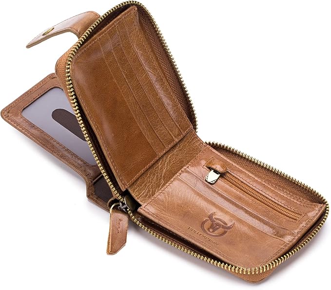LUKZIJAES Genuine Leather Wallet for Men RFID Blocking Large Capacity Card Case with Zipper ID Window Coin Pocket (#2-Yellow Brown)