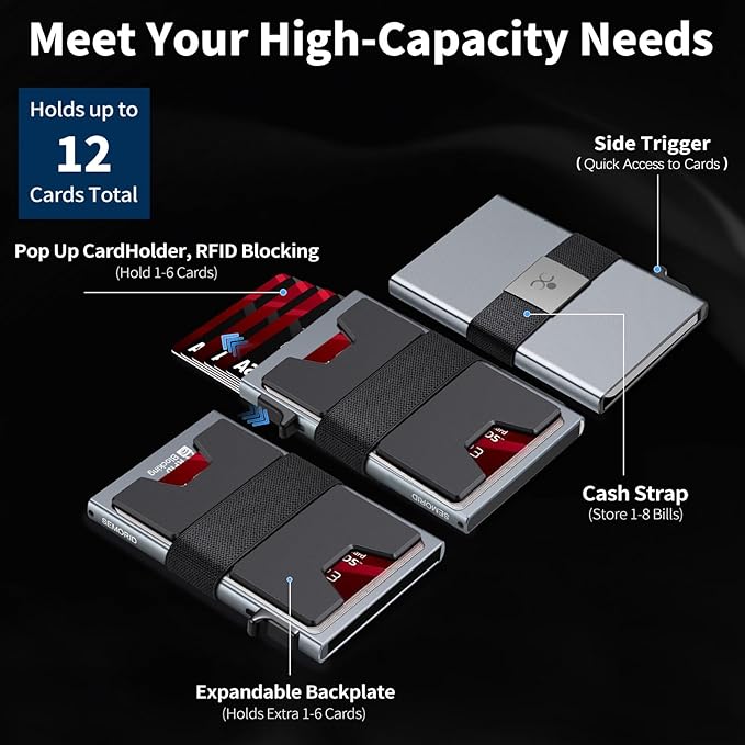 Slim Aluminum Card Holder Wallet for Men, Durable Expandable Backplate, RFID Blocking Minimalist Metal Pop Up Wallet, Holds 12 Cards Plus Cash (Grey)