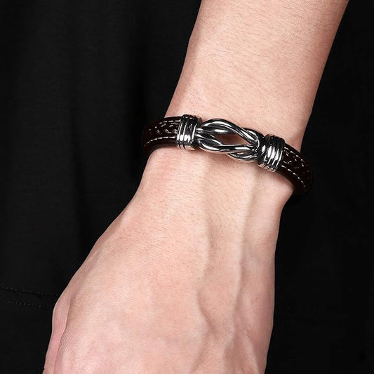 Mens Leather Bracelet,Braided Leather Wristband Cuff Bracelets Stainless Steel Clasp,Jewellery Gift for Men