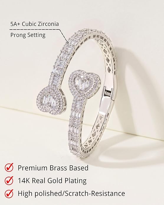 Lulu Mel Iced Out Baguette Diamond Bracelet Jewelry for Women, Hip Hop Mens 14k Gold Silver Plated Cubic Zirconia Bangle Bracelet, Men Heart Cuff Bracelet With Jewelry Box