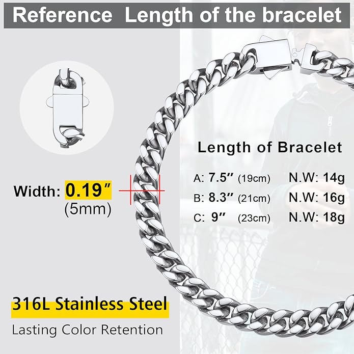 Stainless Steel Bracelets for Men,Cuban Link Mens Bracelet Silver/Black/Gold Plated Classic Chain Wrist Bracelets Jewelry Gifts for Dad Husband 5/7/9/12MM Width,7.5"/8.3"/9" Length with Gift Box