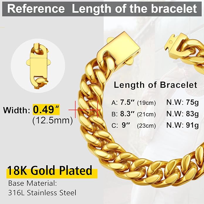 Stainless Steel Bracelets for Men,Cuban Link Mens Bracelet Silver/Black/Gold Plated Classic Chain Wrist Bracelets Jewelry Gifts for Dad Husband 5/7/9/12MM Width,7.5"/8.3"/9" Length with Gift Box